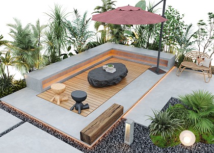 Courtyard landscape outdoor sofa flower pool landscape plants outdoor lighting 3d model