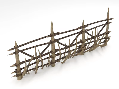 Rustic Stone And Wood Fence Structure With Spiked Tops And Solid Wooden Posts 3d model