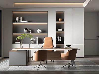Modern Office Interior Design With Bookshelves Office Chairs And Potted Plant 3d model
