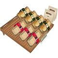 Bottled Food Items in Transparent Bottles on Bamboo Tray With Colored Labels