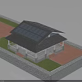 Blue House Model With Solar Panels On Roof Garage Porch White Railing And Stone Wall