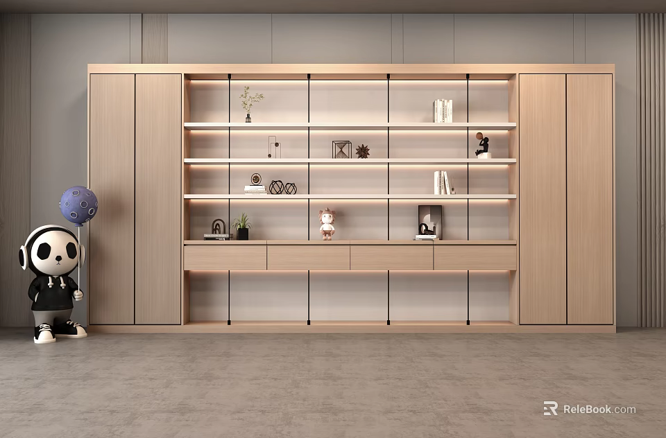 Modern Wooden Bookshelf Interior With Open Shelves And Decorative Items 3d model 