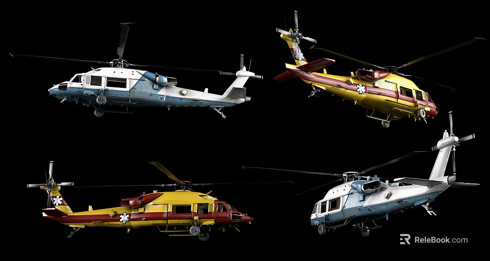 Different Colored Helicopters Displayed Against Black Background 3d model 