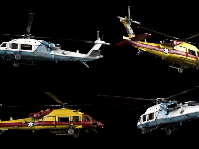 Different Colored Helicopters Displayed Against Black Background 3d model