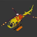 Yellow and Red Helicopter with Black Rotor Blades and Orange Floats on Gray Background