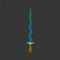 Fantasy Decorative Sword With Curved Colorful Blade And Ornate Gold Red Hilt Design