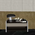 Modern Bedside Table With Stylish Lamp White Flowers Glasses Books And Wave Pattern Wall 3d model