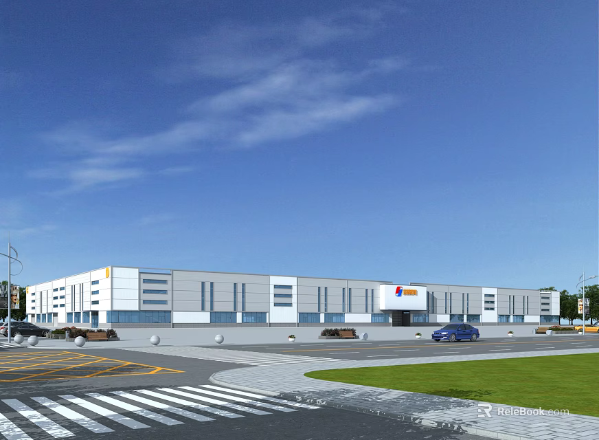 Modern Industrial Factory Building With Large Glass Windows Parking Area And Green Landscaped Surroundings 3d model 