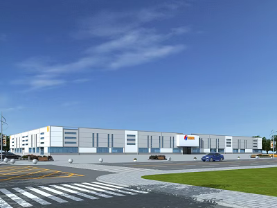 Modern Industrial Factory Building With Large Glass Windows Parking Area And Green Landscaped Surroundings 3d model