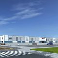 Modern Industrial Factory Building With Large Glass Windows Parking Area And Green Landscaped Surroundings