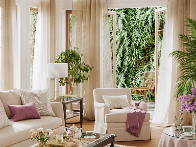 Bright Living Room Interior With Beige Sofa White Armchair And Floor To Ceiling Windows 3d model