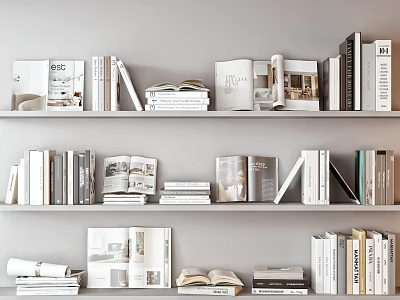Stylish Books And Magazines Display On Multilayer Shelf With Open Pages And Stacked Volumes 3d model