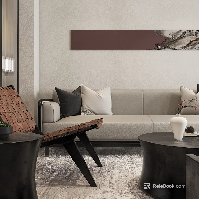 Elegant Modern Living Dining Room Interior With Sofa Coffee Table Decorative Painting And Chair 3d model 