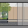 Modern Minimalist Storefront Facade With Glass Doors Wooden Panels Green Plants And Courtyard Stone Floor