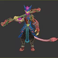 Horned Mythical Character 3D Model With Elaborate Green Staff Red Green Outfit And Pink Tail