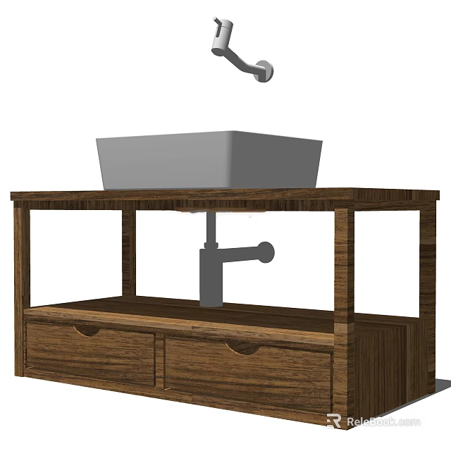 Stylish Wooden Sink Vanity With Square Basin And Natural Wood Frame Drawers 3d model 