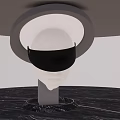 Art Installation Featuring Human Head Mannequin With Black Visor Circular Glowing Ring And Black Base