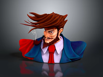 Stylized Game Movie Character With Messy Brown Hair Beard Blue Coat Red Tie White Shirt 3d model