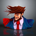 Stylized Game Movie Character With Messy Brown Hair Beard Blue Coat Red Tie White Shirt