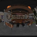 Modern Restaurant Interior With Red Light Strips Decorative Tree Round Mirror And Green Chairs