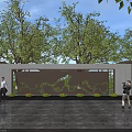 Modern Scenic Feature Wall With Wooden Pattern Surrounded by Green Trees and Pedestrians