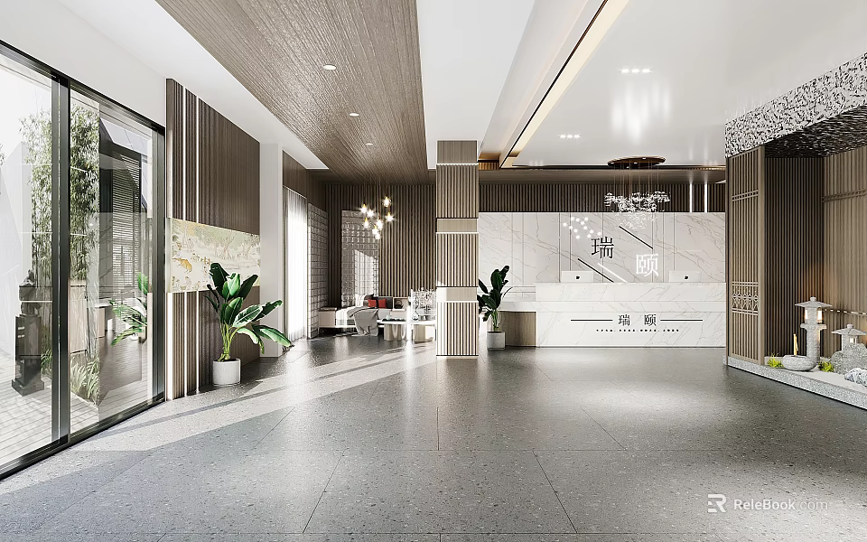 Modern Hotel Lobby Interior With Plants And Reception Desk 3d model
