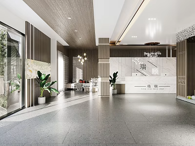 Modern Hotel Lobby Interior With Plants And Reception Desk 3d model