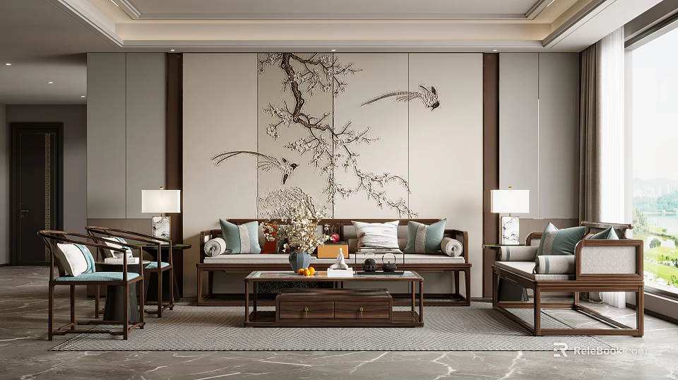 Traditional Chinese Living Room Interior With Plum Blossom Bird Painting Wooden Sofa And Coffee Table 3d model 