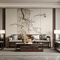 Traditional Chinese Living Room Interior With Plum Blossom Bird Painting Wooden Sofa And Coffee Table