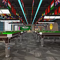Modern Billiard Room Interior With Multiple Tables Ceiling Flags And Wall