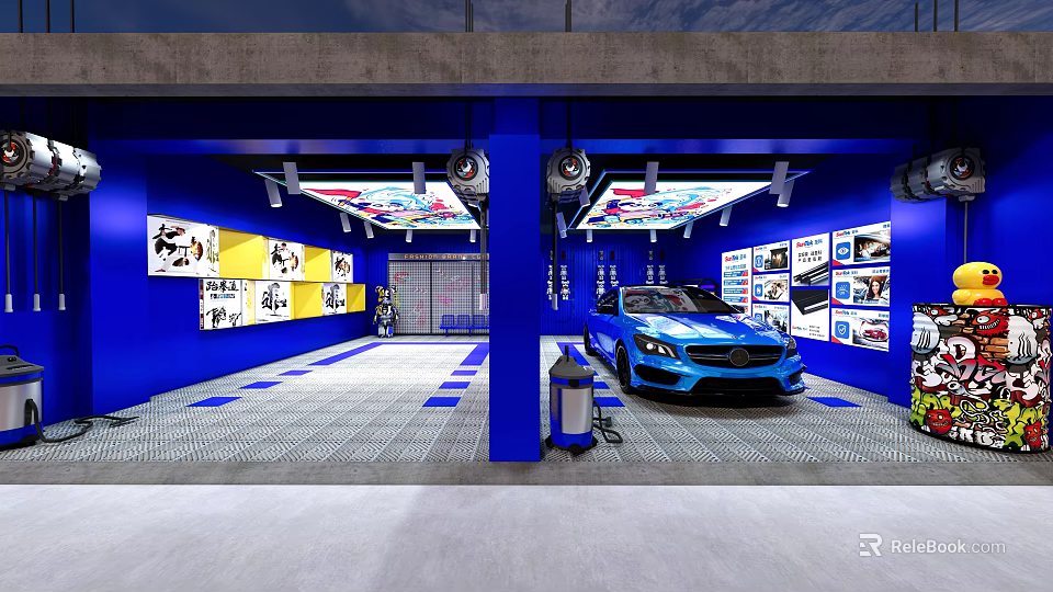 Modern Car Dealership Showroom With Blue Interior Display Car Decorative Posters And Lighting 3d model 