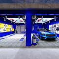 Modern Car Dealership Showroom With Blue Interior Display Car Decorative Posters And Lighting