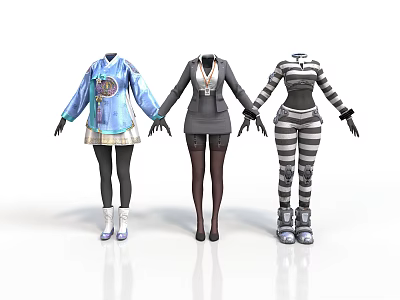 Three Fashion Mannequins Displaying Stylish Outfits With Unique Patterns And Different Styles 3d model