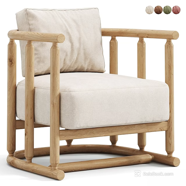 Scandinavian Leisure Chair with Wooden Frame Light Fabric Cushion and Cylindrical Armrests 3d model 