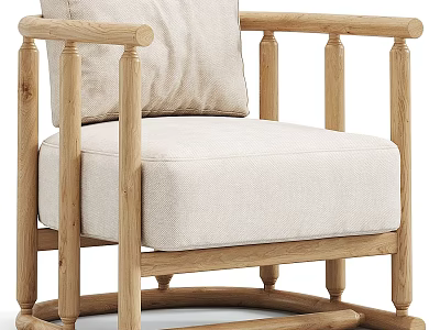 Scandinavian Leisure Chair with Wooden Frame Light Fabric Cushion and Cylindrical Armrests 3d model
