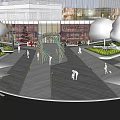 Modern Commercial Complex With Glass Facade And Metal Structure Surrounded By Trees And Pedestrians