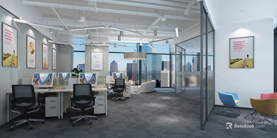 Modern Public Office Space Interior With Open Layout Workstations And City View Windows 3d model