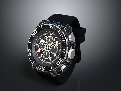 Black Sports Watch With Black Strap Multiple Sub Dials And Markings 3d model