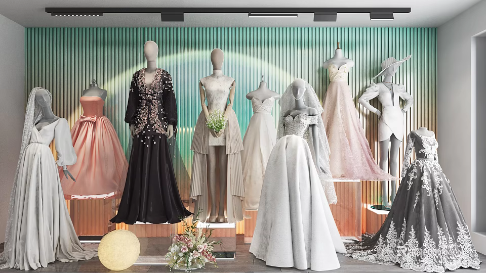 Mannequins Showcasing Various Long Dresses Wedding Gowns With Green Striped Background Floral Decor And Lighting 3d model 