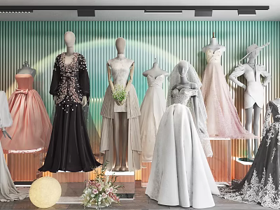 Mannequins Showcasing Various Long Dresses Wedding Gowns With Green Striped Background Floral Decor And Lighting 3d model