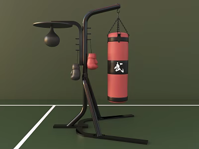 Boxing Training Equipment Stand With Red Punching Bag Speed Bag And Red Black Gloves 3d model