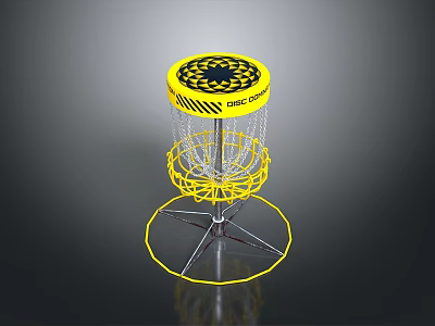 Yellow Disc Golf Basket With Black Warning Stripes And Metal Frame Stand 3d model