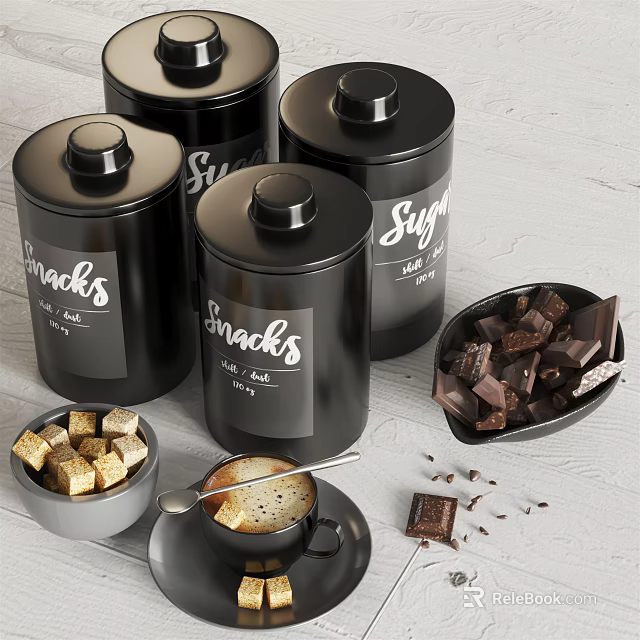Fresh Coffee Drink With Sugar Cubes Snacks Tins And Chocolate Pieces 3d model 