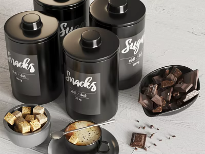 Fresh Coffee Drink With Sugar Cubes Snacks Tins And Chocolate Pieces 3d model