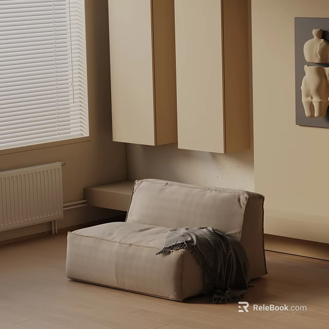 Beige Lounge Chair With Dark Blanket In Room With Window Blinds And Cabinets 3d model 