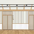 Elevator Hallway with Wooden Lattice Ceiling White Walls and Warm Wood Flooring
