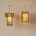 Traditional Chinese Pendant Lights With Wooden Frame And Landscape Painting Shades