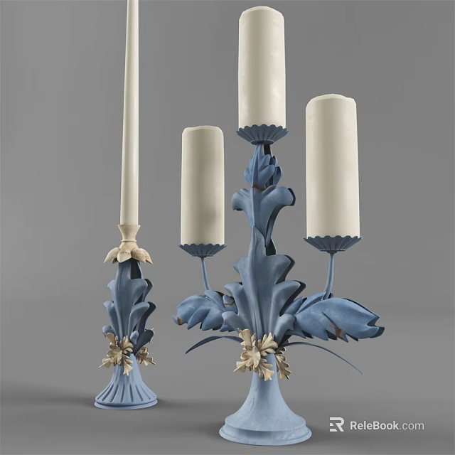 Blue Leaf Shaped Candle Holder With White Candles And Decorative Design 3d model 