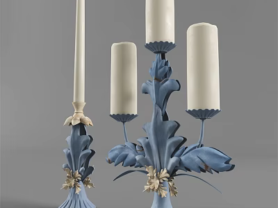 Blue Leaf Shaped Candle Holder With White Candles And Decorative Design 3d model