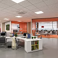 Modern Public Office Space With Glass Partitions Orange Interior Sofa And Desks